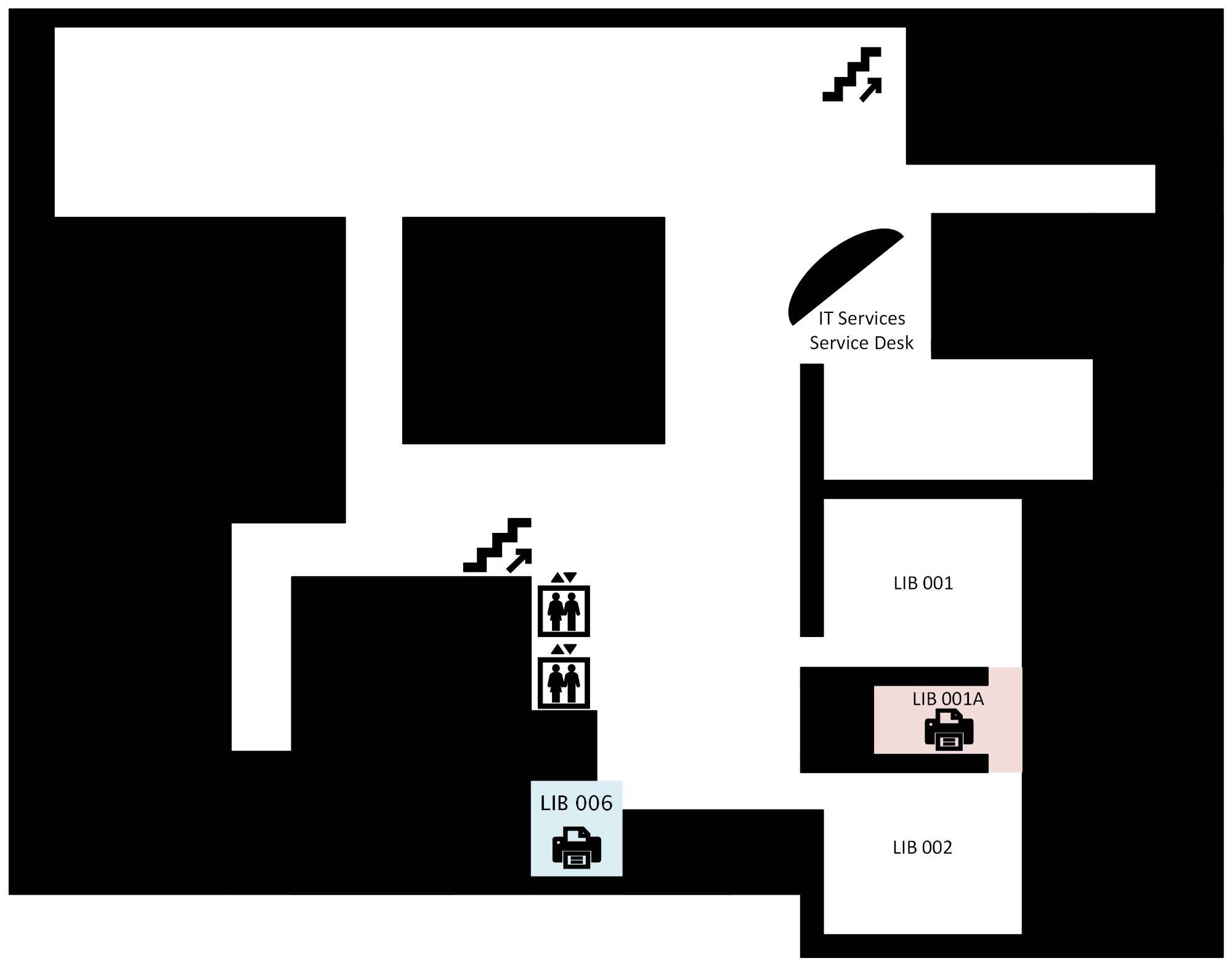 A map of the bottom floor of Mary Idema Pew Library, indicating a printer with print, copy, and scanning capabilities is available in LIB006 and a printer with printing capabilities only is available in LIB001A